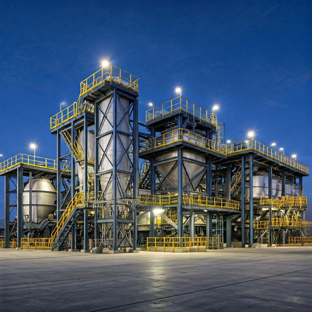 Aerial view of a modern PGM concentrator plant with industrial processing equipment, conveyor systems, and storage facilities against a dramatic sky
